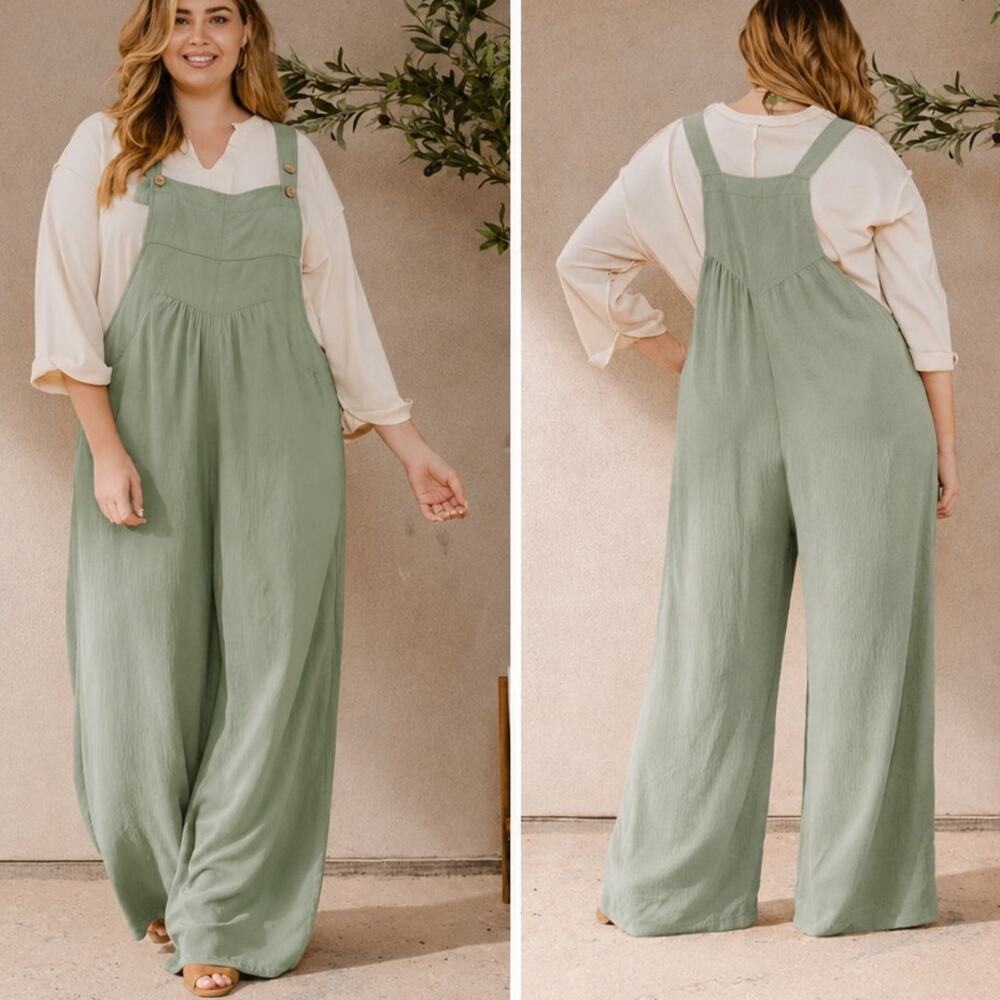 Oddi Los Angeles Olive green linen-blend button overalls jumper Large NWT
